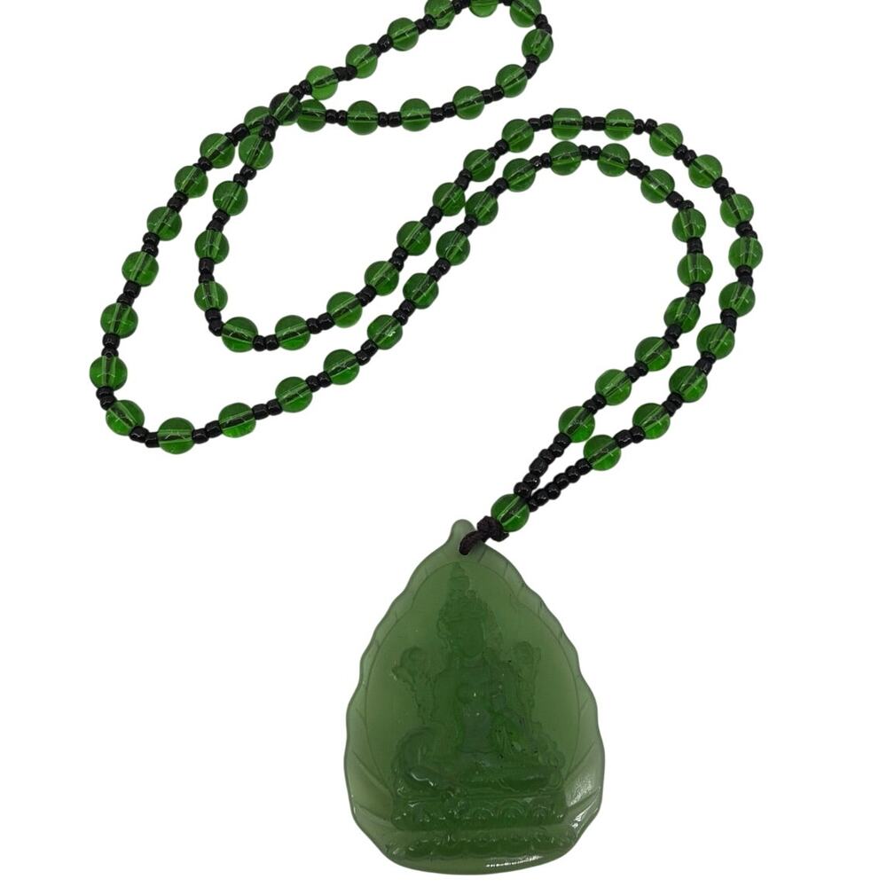 Green Tara Buddha Pendant Beaded Necklace Boho Y2K Resin Lotus Statement Guanyin